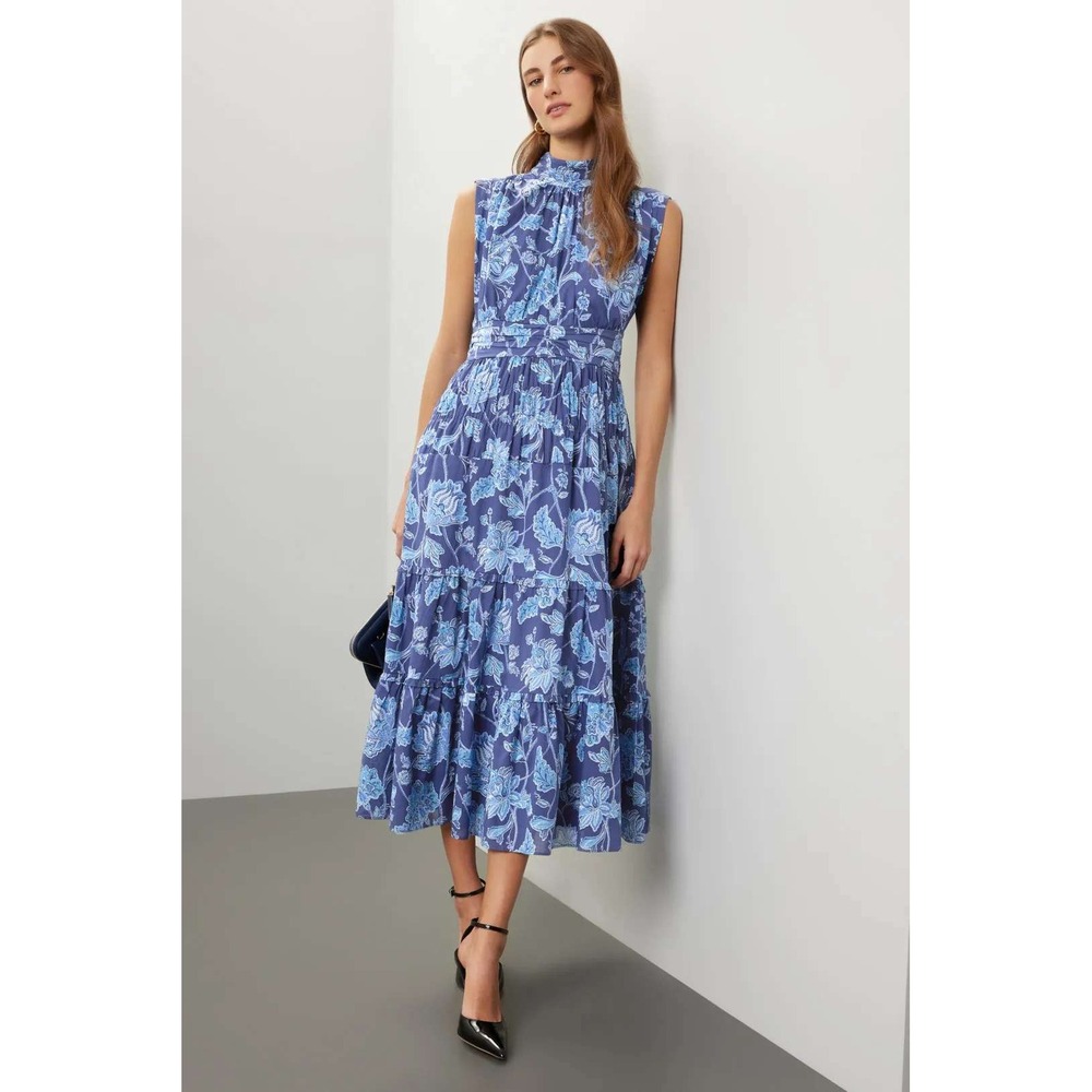 Derek Lam 10 Crosby Blue Floral Smocked Tiered Midi Dress Size 38